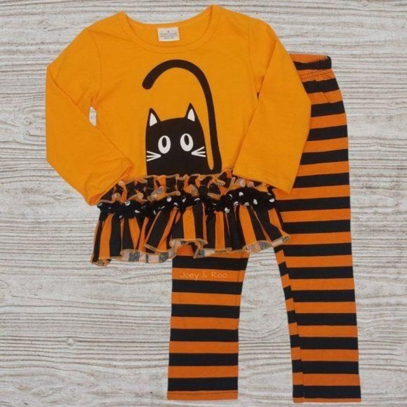 Halloween Black Cat Ruffle Striped Outfit Set - Picture 1 of 5